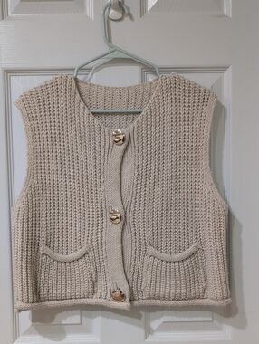 Cream Knit Button-Front Sweater Vest